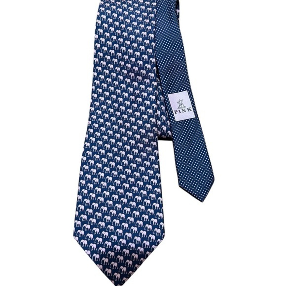 PINK Thomas Pink periwinkle blue 2-pattern silk tie with pink elephants & dots